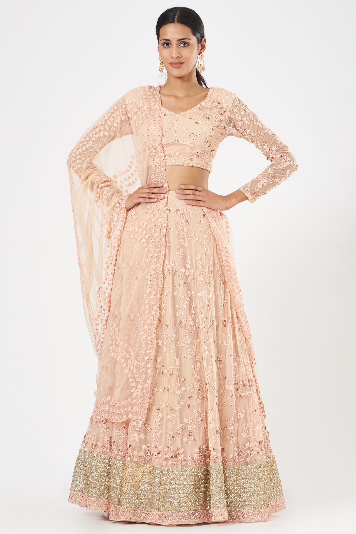 Peach Net Tie-Dye Printed & Embroidered Wedding Lehenga Set by Astha Narang at Pernia's Pop Up Shop