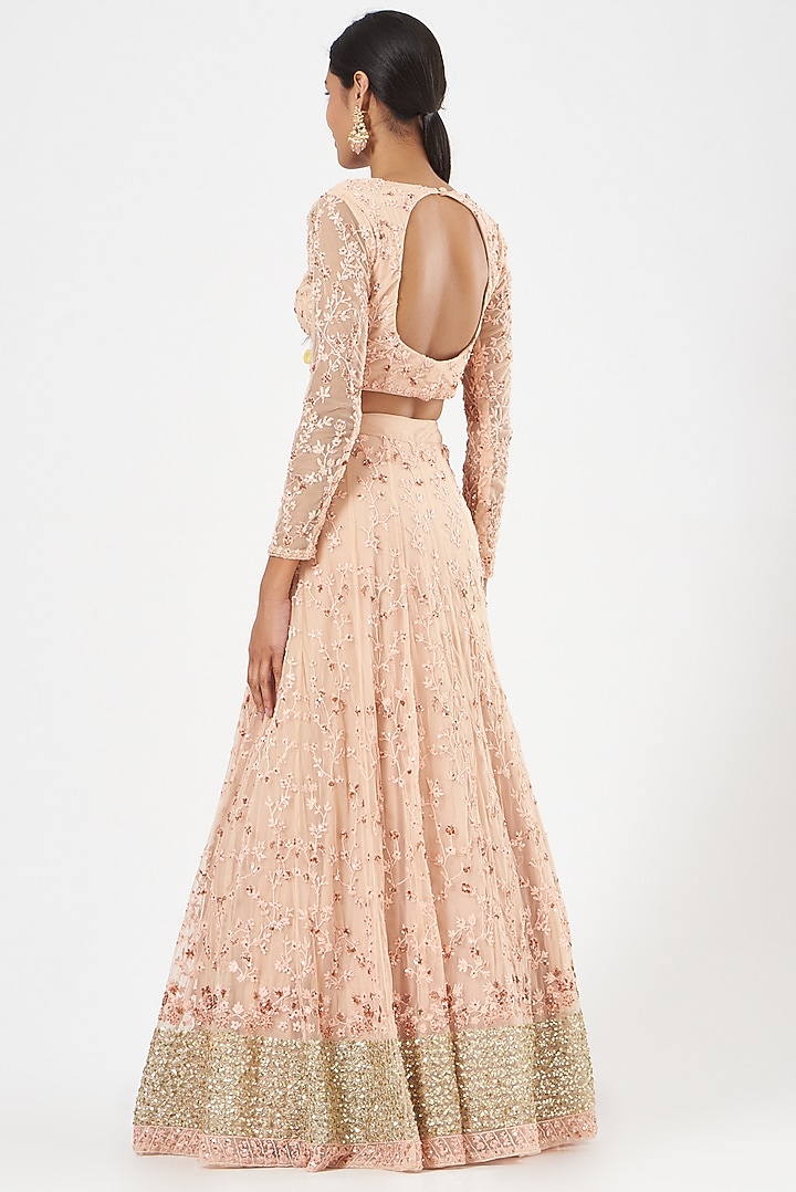 Peach Net Tie-Dye Printed & Embroidered Wedding Lehenga Set by Astha Narang at Pernia's Pop Up Shop