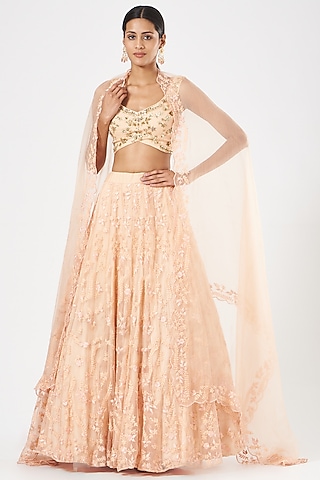 Peach Organza Zardosi Embroidered & Tie-dye Printed Lehenga Set by Astha Narang