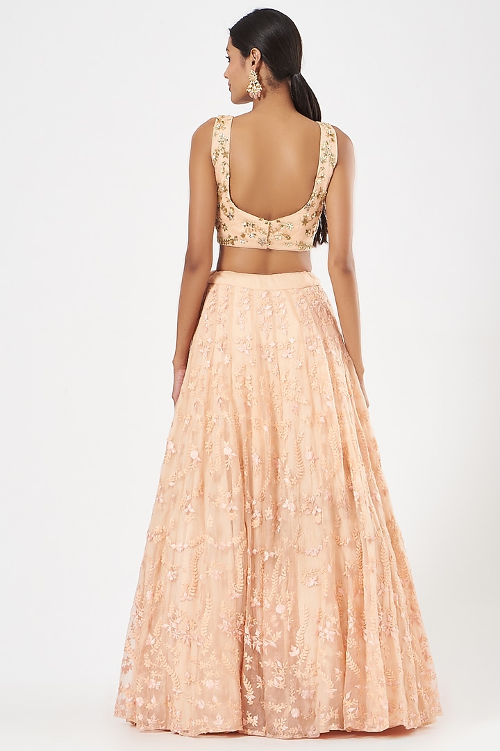 Peach Organza Zardosi Embroidered & Tie-dye Printed Wedding Lehenga Set by Astha Narang at Pernia's Pop Up Shop