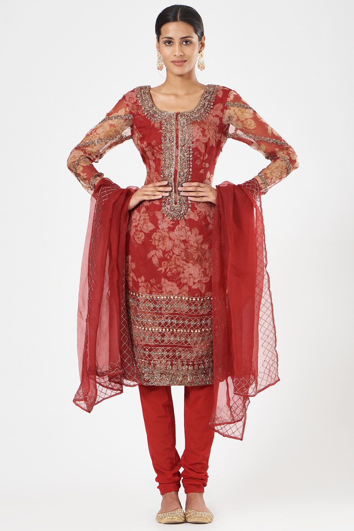 Cadmium Red Embroidered Kurta Set by Astha Narang at Pernia's Pop Up Shop