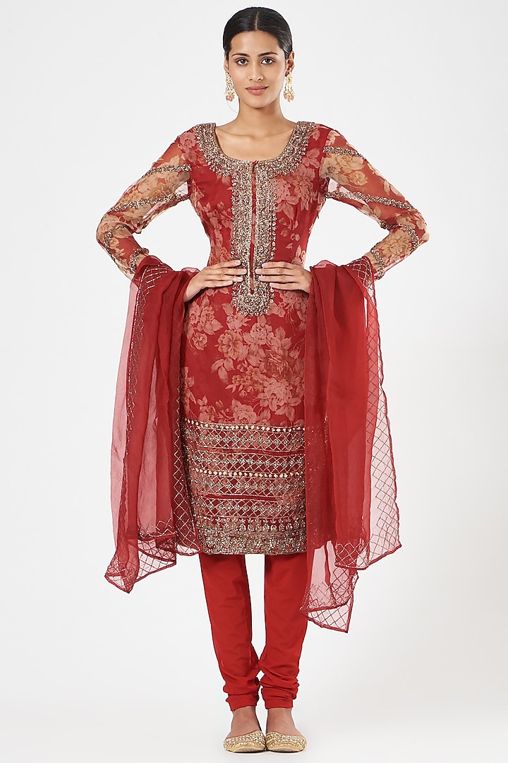 Cadmium Red Embroidered Kurta Set by Astha Narang at Pernia's Pop Up Shop