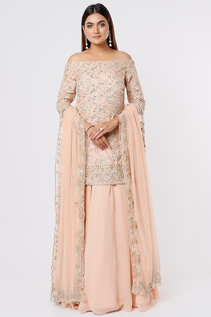 Blush Pink Silk & Georgette Sequins Embroidered Skirt Set by Astha Narang