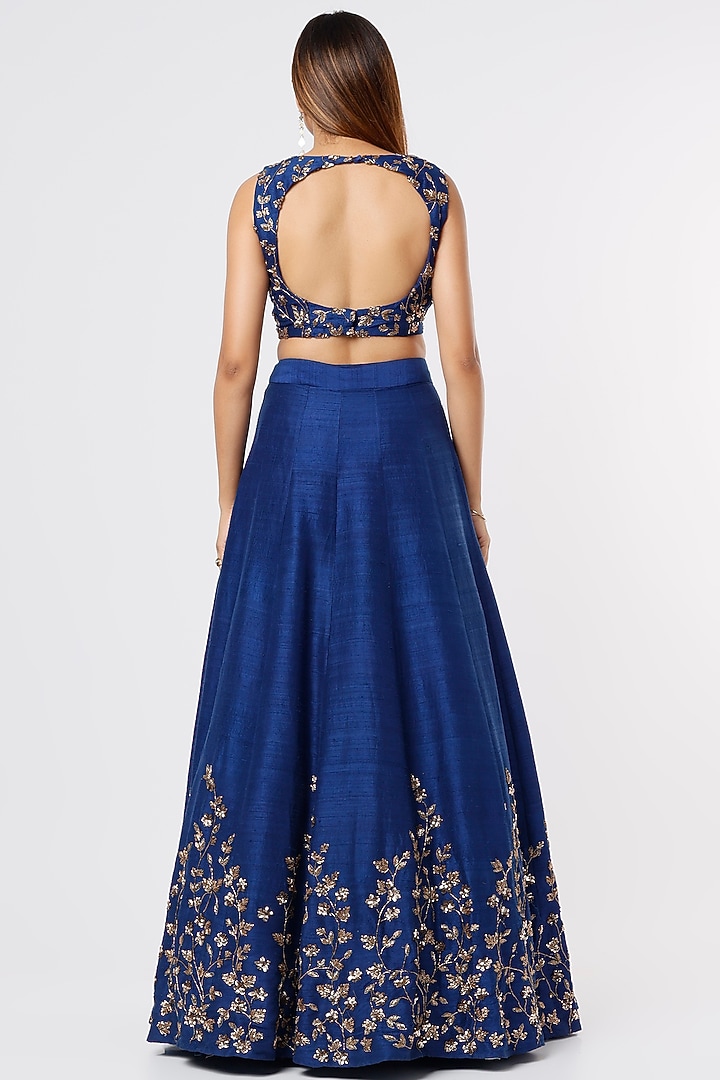 Navy Blue Silk & Crepe Sequins Embroidered Wedding Lehenga Set by Astha Narang at Pernia's Pop Up Shop