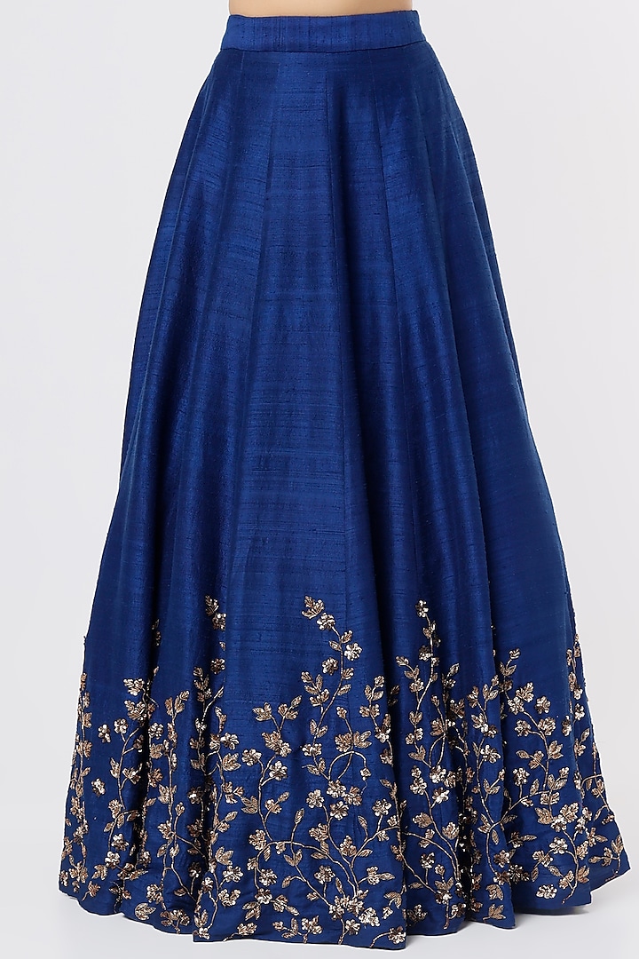 Navy Blue Silk & Crepe Sequins Embroidered Wedding Lehenga Set by Astha Narang at Pernia's Pop Up Shop