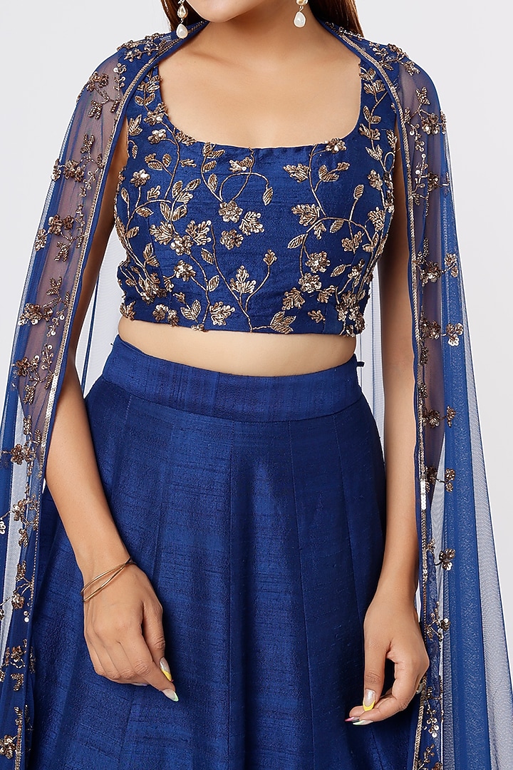 Navy Blue Silk & Crepe Sequins Embroidered Wedding Lehenga Set by Astha Narang at Pernia's Pop Up Shop
