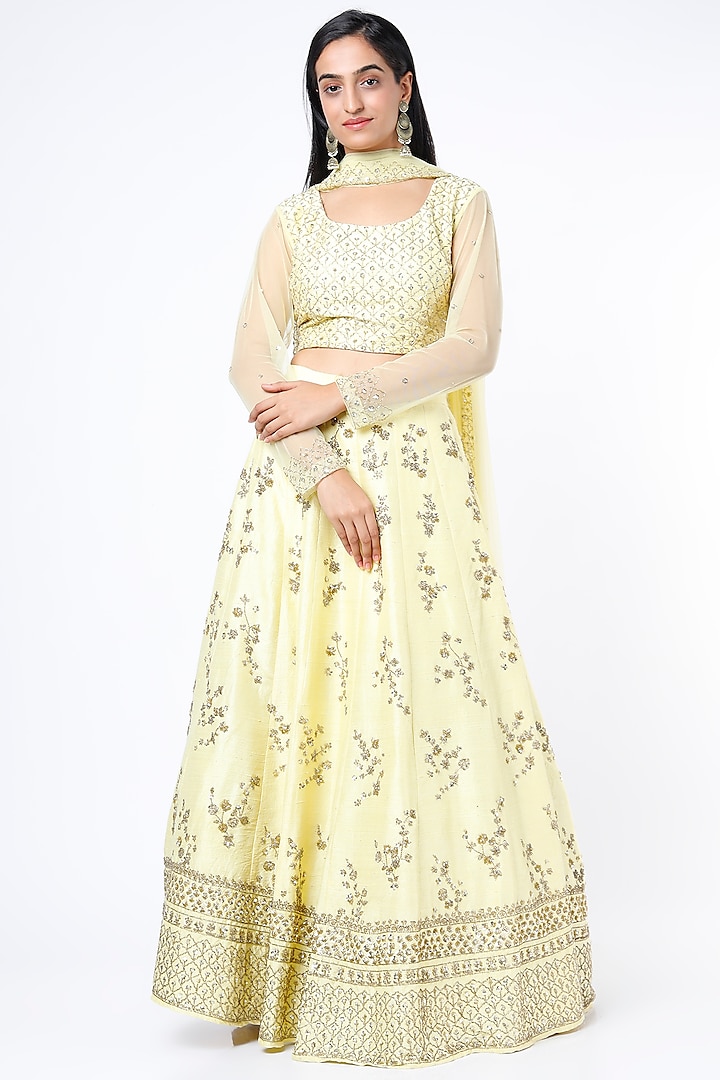 Yellow Silk Boota Embroidered Lehenga Set by Astha Narang