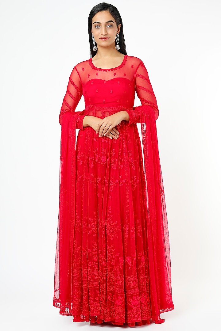 Carmine Red Embroidered Anarkali Set by Astha Narang at Pernia's Pop Up Shop