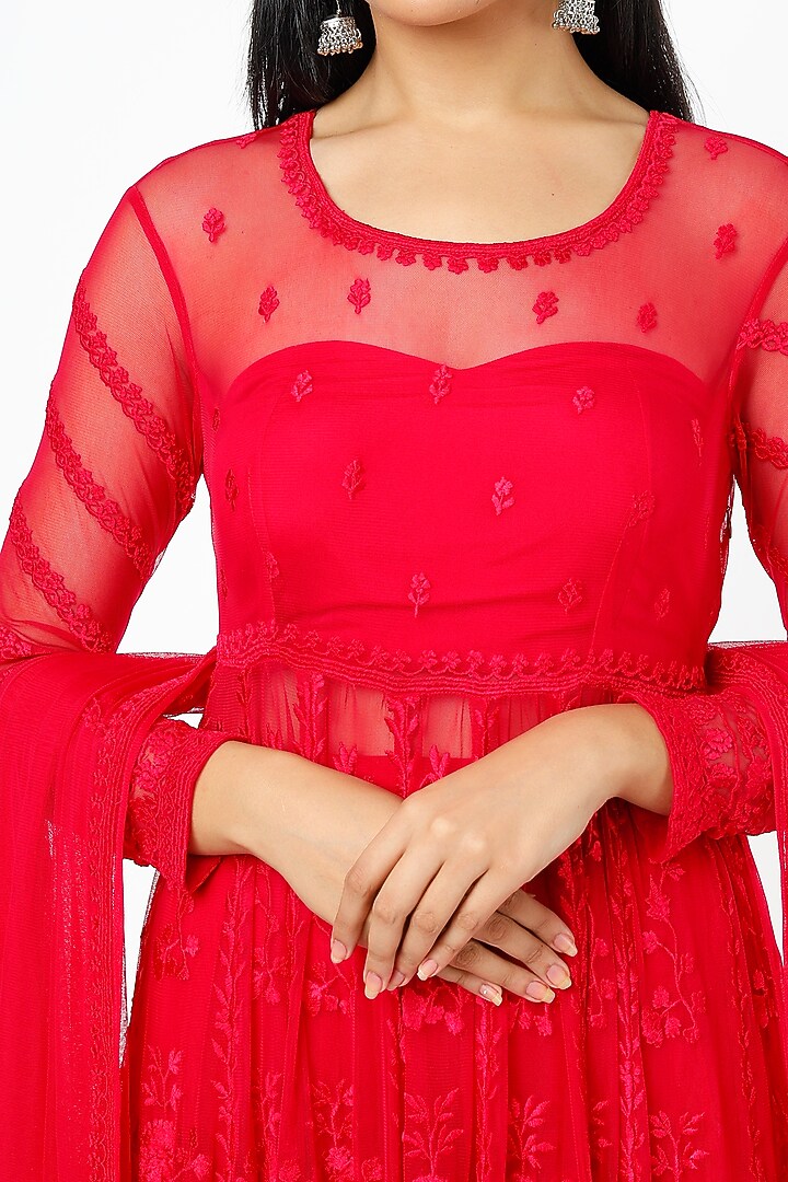 Carmine Red Embroidered Bridal Anarkali Set by Astha Narang at Pernia's Pop Up Shop