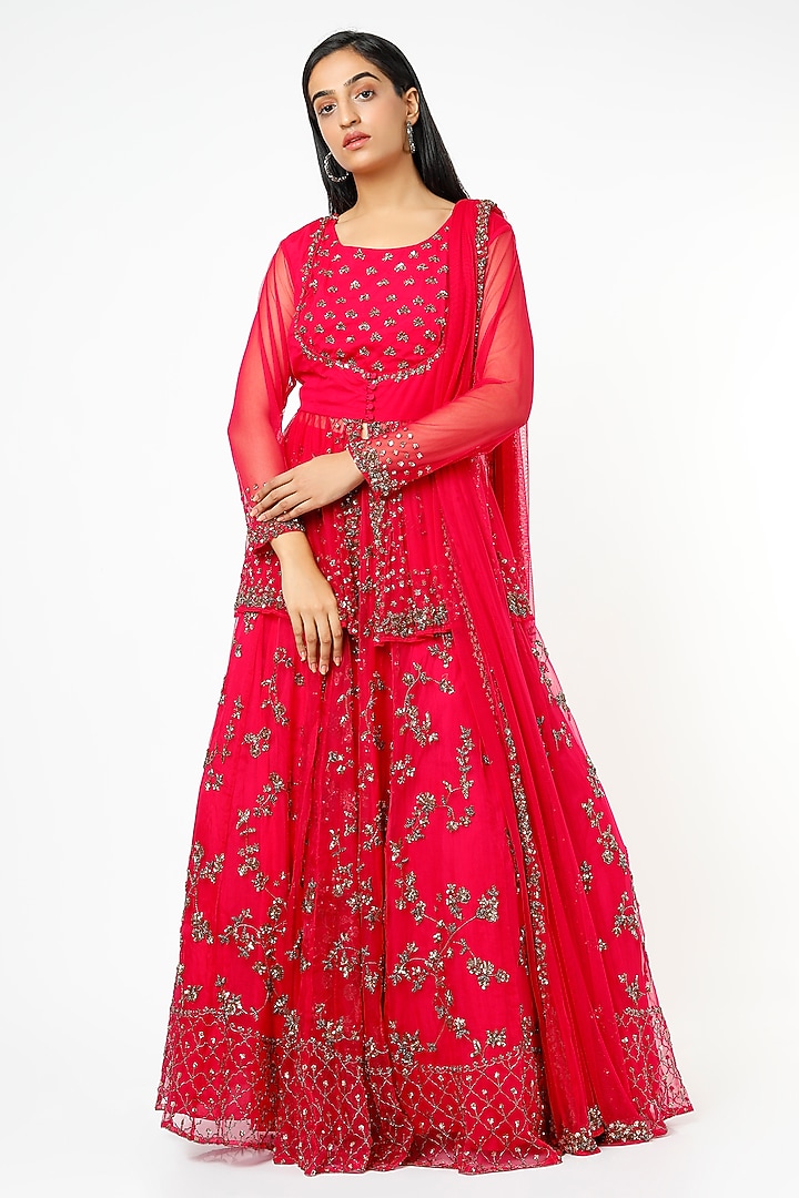 Hot Pink Organza & Crepe Sequins Embroidered Bridal Lehenga Set by Astha Narang at Pernia's Pop Up Shop