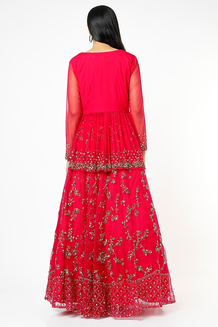 Hot Pink Organza & Crepe Sequins Embroidered Bridal Lehenga Set by Astha Narang at Pernia's Pop Up Shop