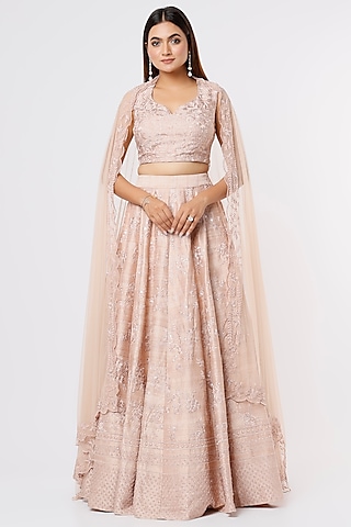 Peach Pink Silk & Crepe Thread Embroidered Lehenga Set by Astha Narang