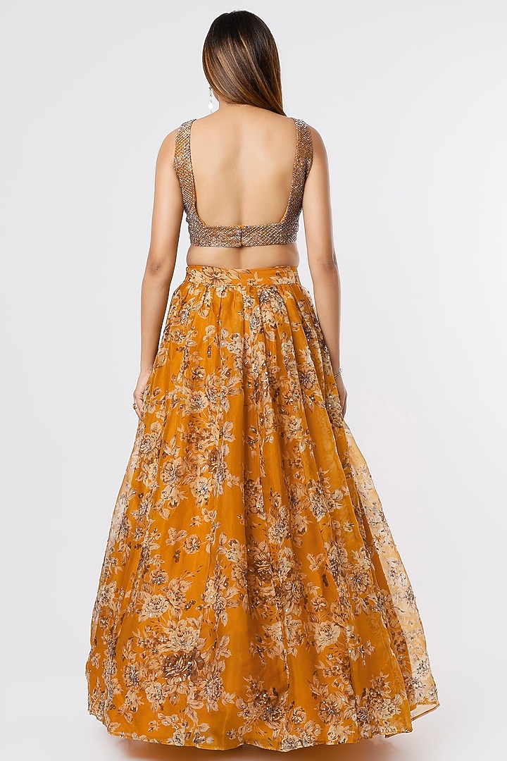 Mustard Organza & Crepe Floral Printed Wedding Lehenga Set by Astha Narang at Pernia's Pop Up Shop