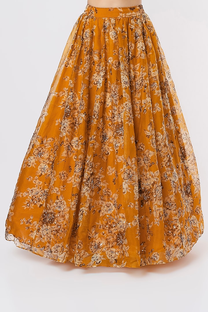 Mustard Organza & Crepe Floral Printed Wedding Lehenga Set by Astha Narang at Pernia's Pop Up Shop