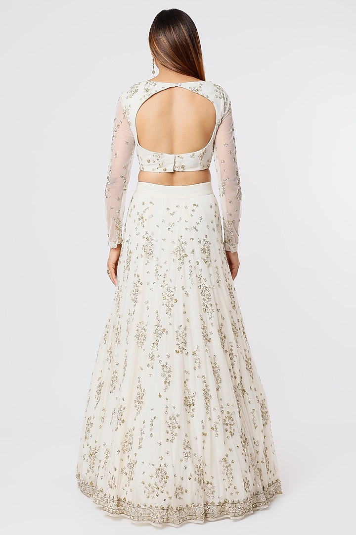 White Net & Crepe Sequins Embroidered Wedding Lehenga Set by Astha Narang at Pernia's Pop Up Shop