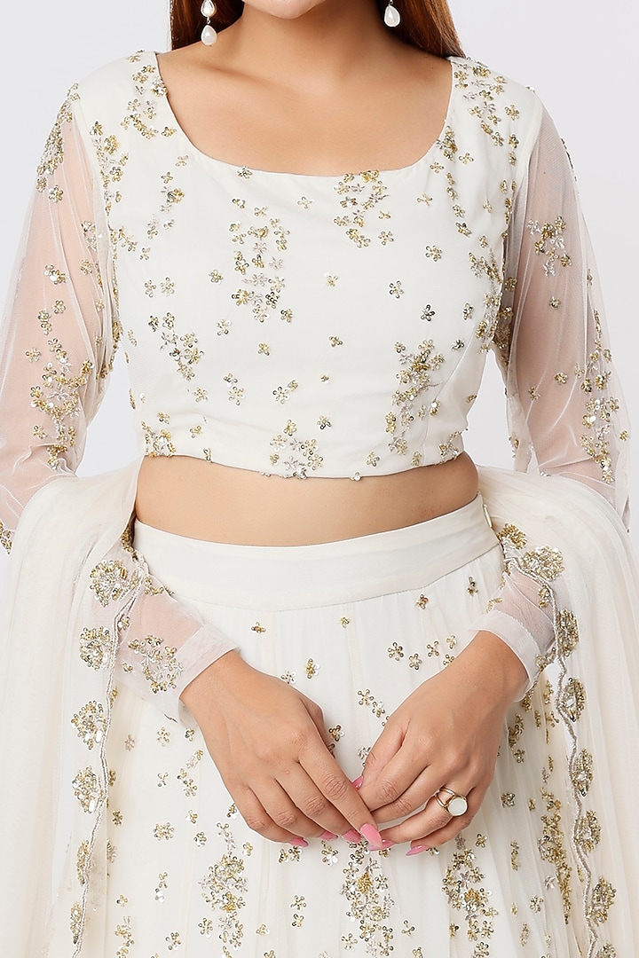 White Net & Crepe Sequins Embroidered Wedding Lehenga Set by Astha Narang at Pernia's Pop Up Shop