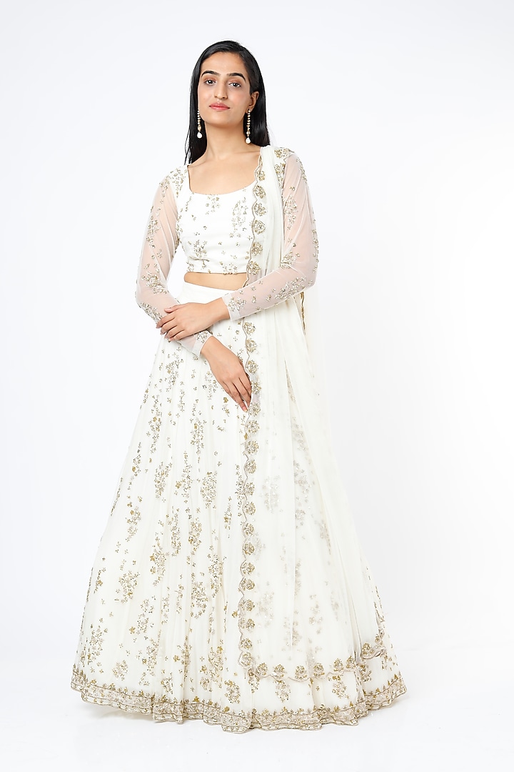 White Net & Crepe Sequins Embroidered Lehenga Set by Astha Narang