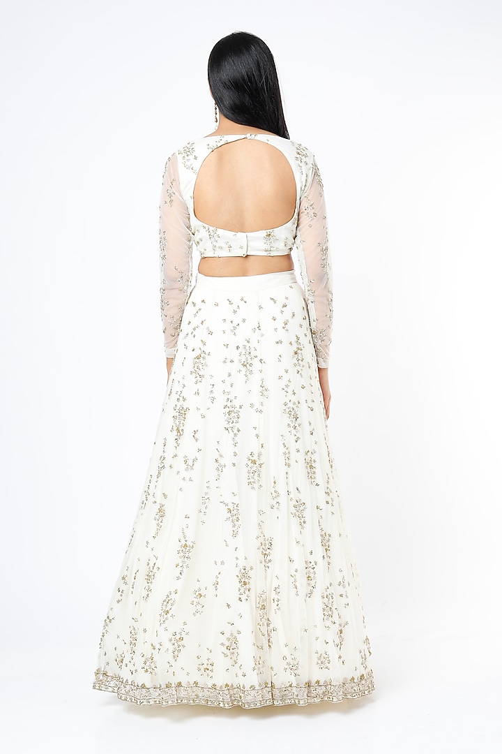 White Net & Crepe Sequins Embroidered Wedding Lehenga Set by Astha Narang at Pernia's Pop Up Shop