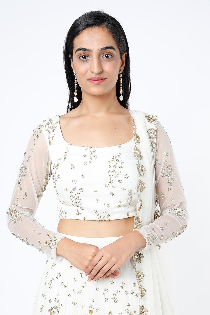 White Net & Crepe Sequins Embroidered Wedding Lehenga Set by Astha Narang at Pernia's Pop Up Shop