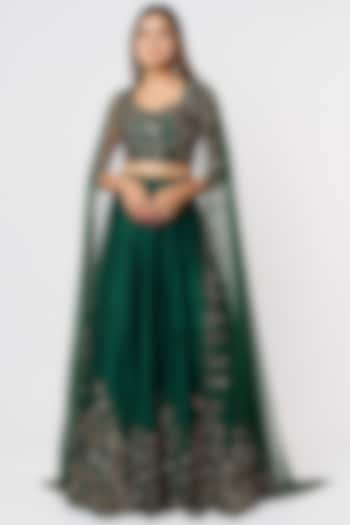 Bottle Green Silk & Net Sequins Embroidered Wedding Lehenga Set by Astha Narang at Pernia's Pop Up Shop