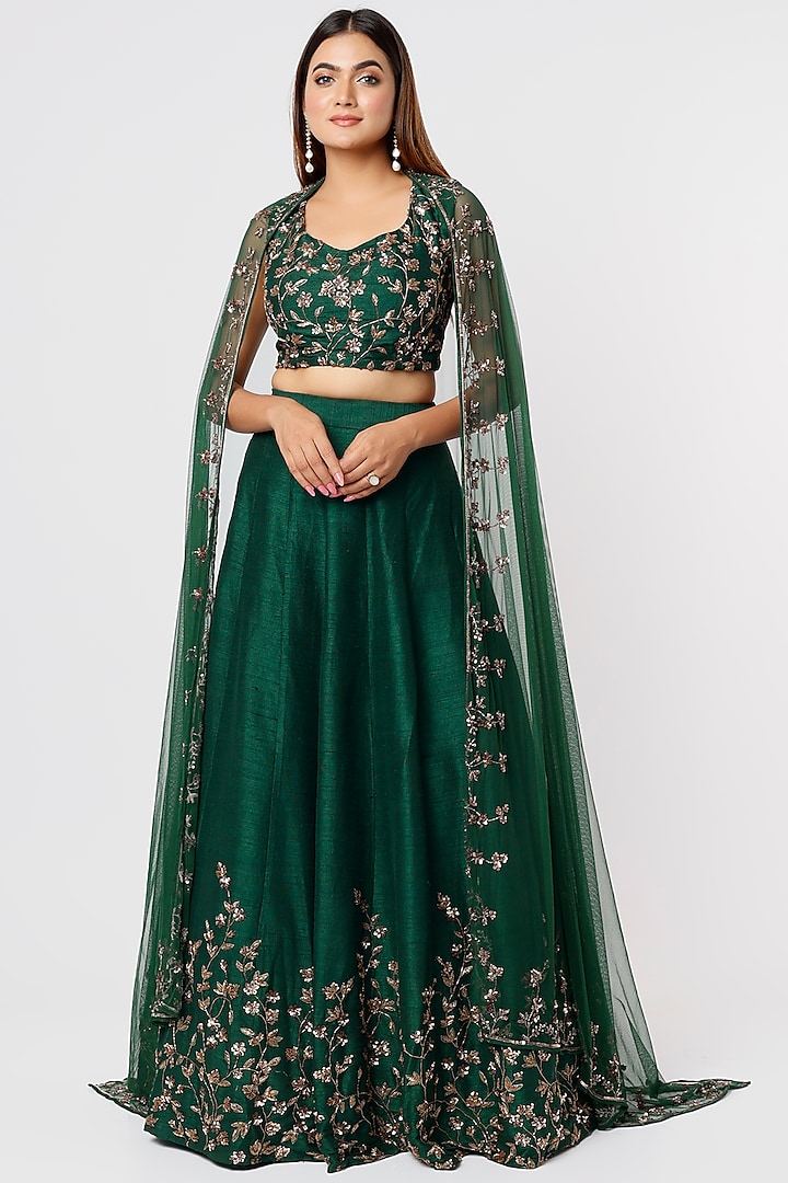 Bottle Green Silk & Net Sequins Embroidered Wedding Lehenga Set by Astha Narang at Pernia's Pop Up Shop