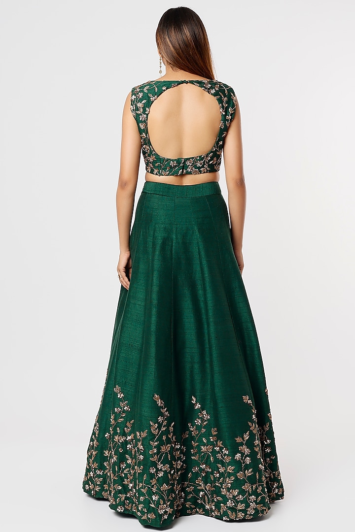 Bottle Green Silk & Net Sequins Embroidered Wedding Lehenga Set by Astha Narang at Pernia's Pop Up Shop