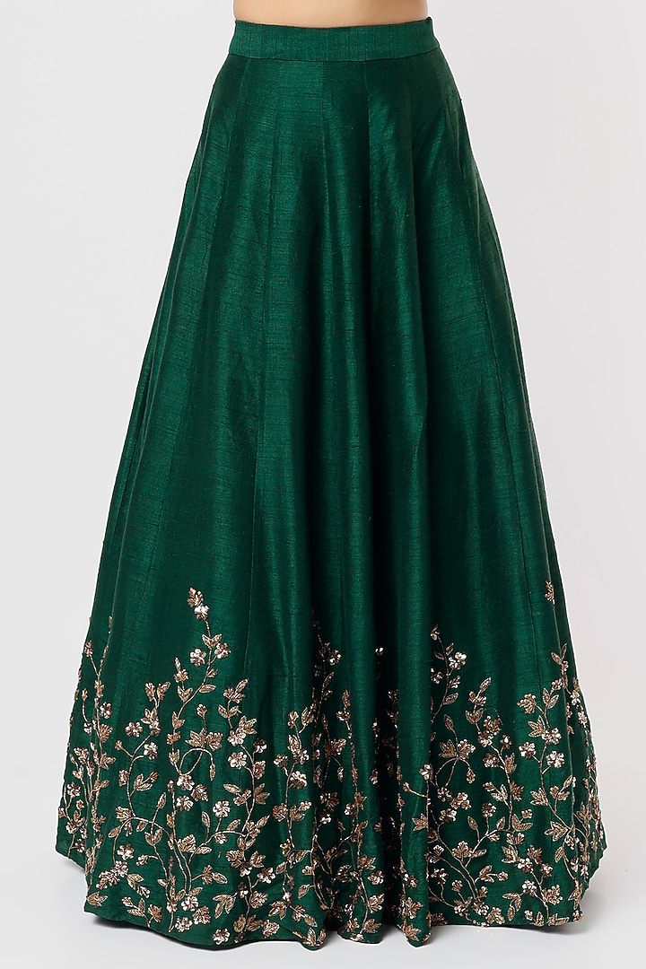 Bottle Green Silk & Net Sequins Embroidered Wedding Lehenga Set by Astha Narang at Pernia's Pop Up Shop