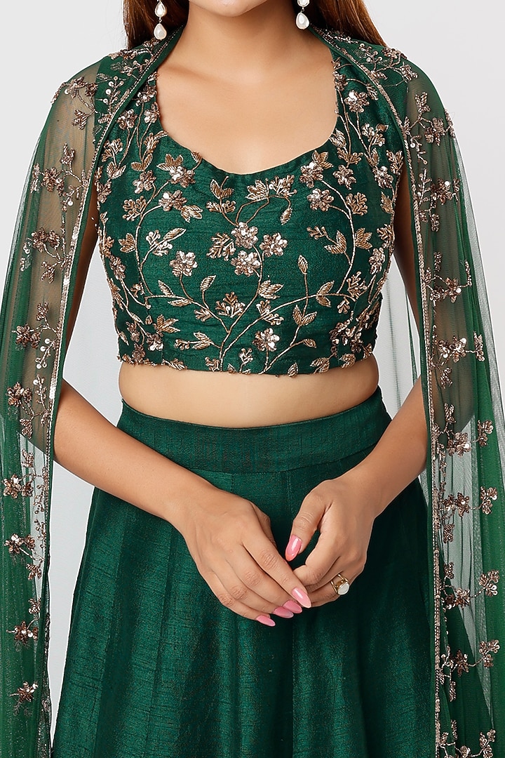 Bottle Green Silk & Net Sequins Embroidered Wedding Lehenga Set by Astha Narang at Pernia's Pop Up Shop