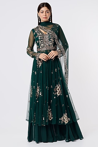 Bottle Green Embroidered Jacket Set by Astha Narang