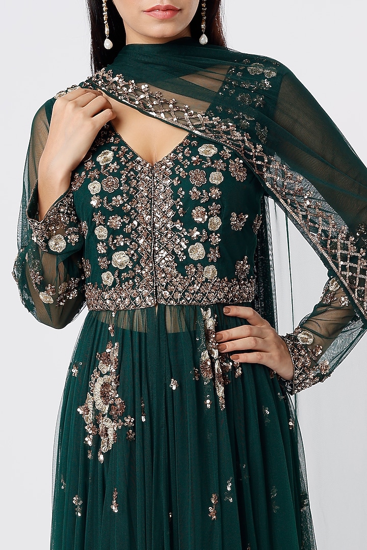 Bottle Green Embroidered Jacket Set by Astha Narang at Pernia's Pop Up Shop