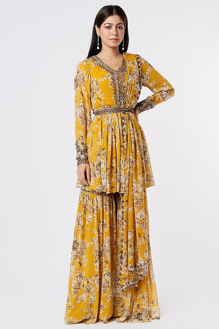 Yellow Embroidered Wedding Sharara Set by Astha Narang at Pernia's Pop Up Shop