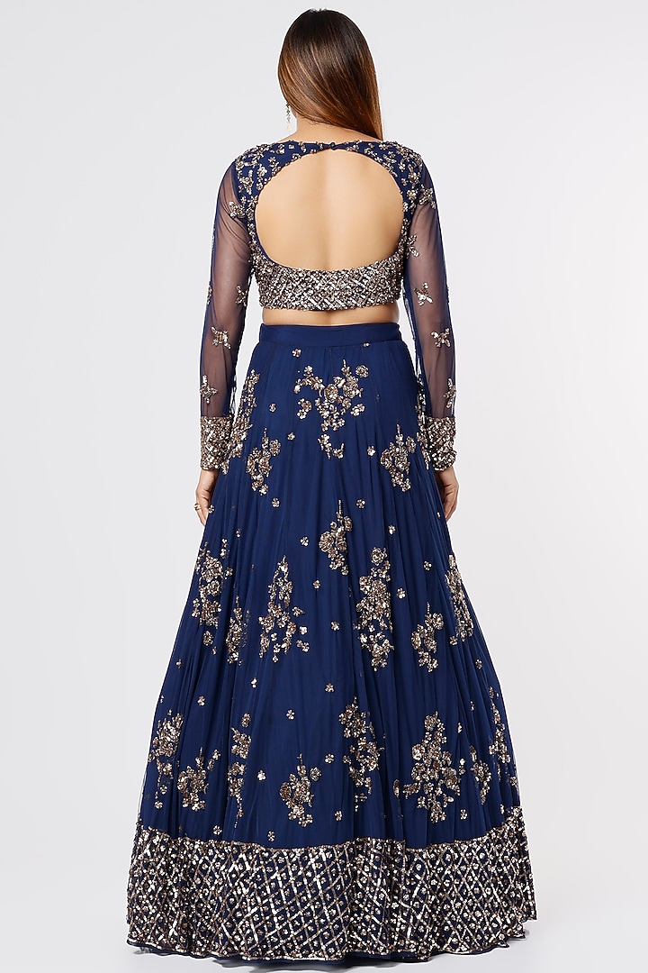 Navy Blue Net & Crepe Motifs Embroidered Wedding Lehenga Set by Astha Narang at Pernia's Pop Up Shop