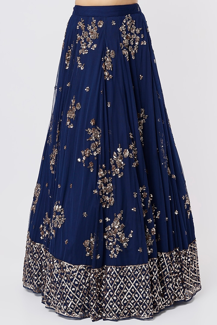 Navy Blue Net & Crepe Motifs Embroidered Wedding Lehenga Set by Astha Narang at Pernia's Pop Up Shop
