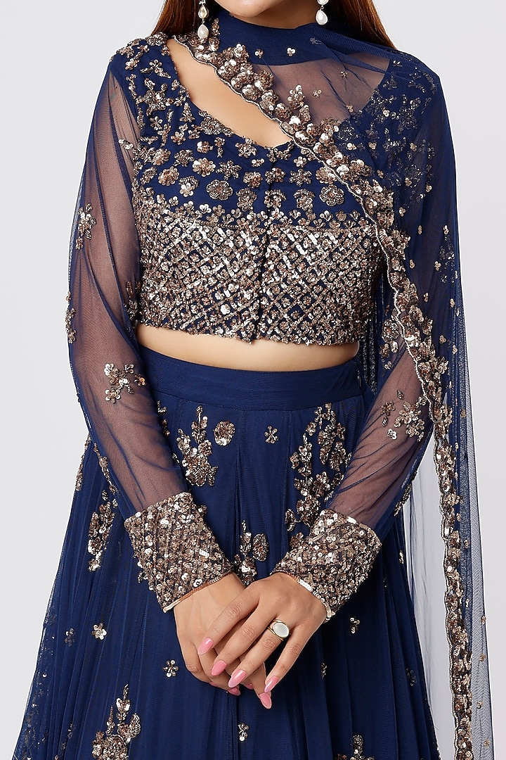 Navy Blue Net & Crepe Motifs Embroidered Wedding Lehenga Set by Astha Narang at Pernia's Pop Up Shop