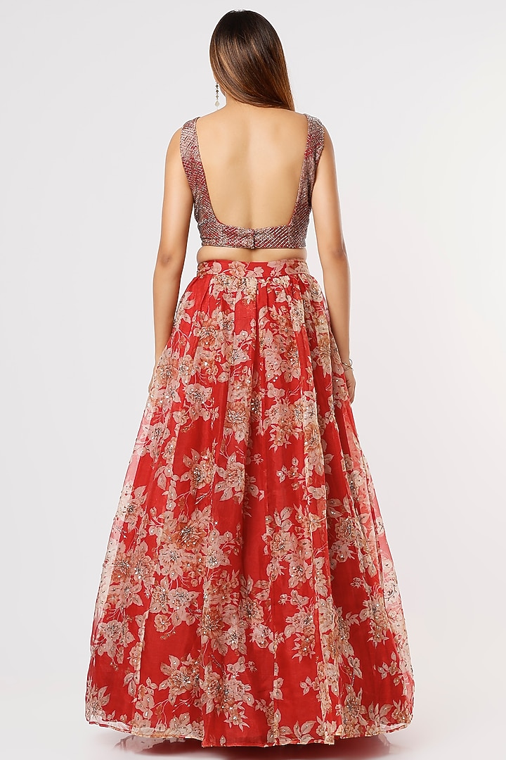 Red Organza & Crepe Floral Printed Wedding Lehenga Set by Astha Narang at Pernia's Pop Up Shop