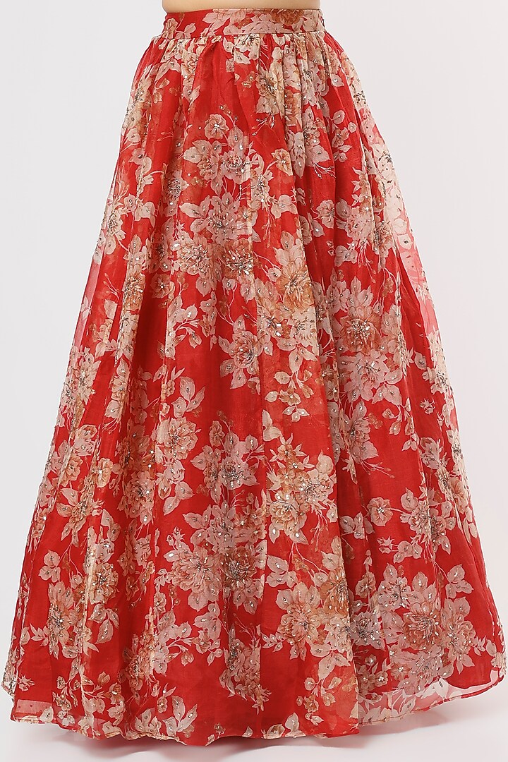 Red Organza & Crepe Floral Printed Wedding Lehenga Set by Astha Narang at Pernia's Pop Up Shop