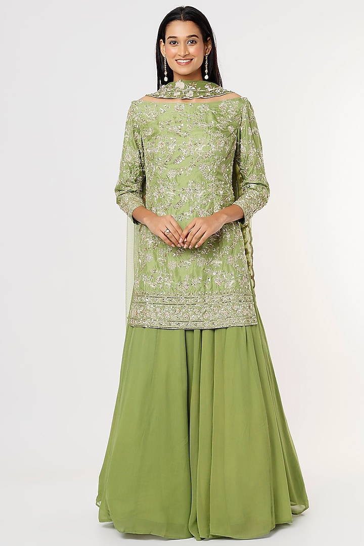 Mehendi Green Net Wedding Sharara Set by Astha Narang at Pernia's Pop Up Shop