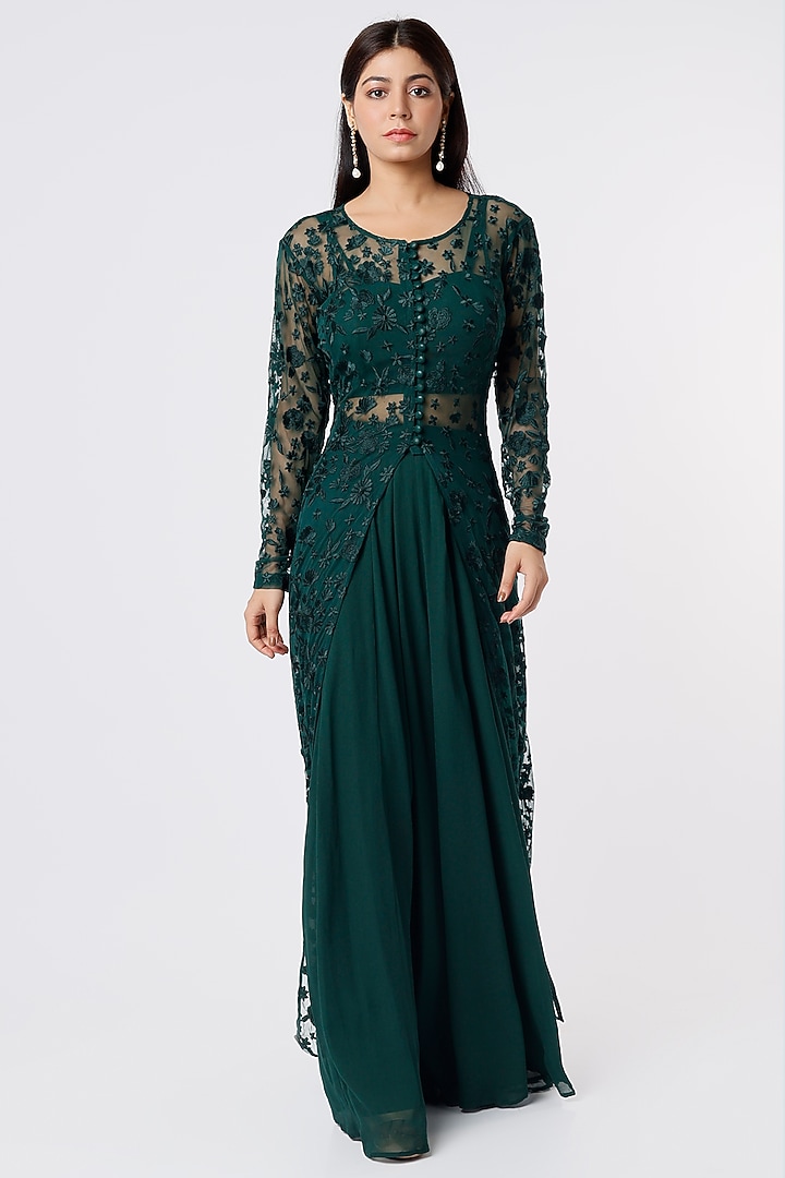 Bottle Green Zardosi Embroidered Jacket Set by Astha Narang at Pernia's Pop Up Shop