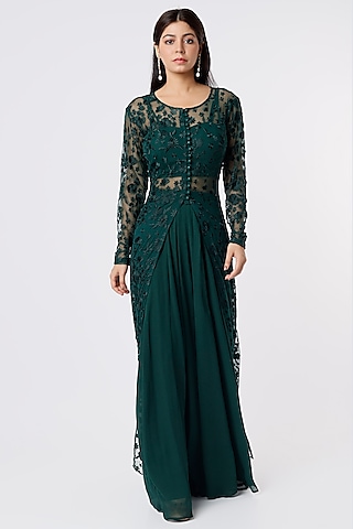 Bottle Green Zardosi Embroidered Jacket Set by Astha Narang