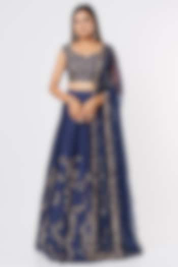 Navy Blue Georgette & Silk Jaal Embroidered Lehenga Set by Astha Narang