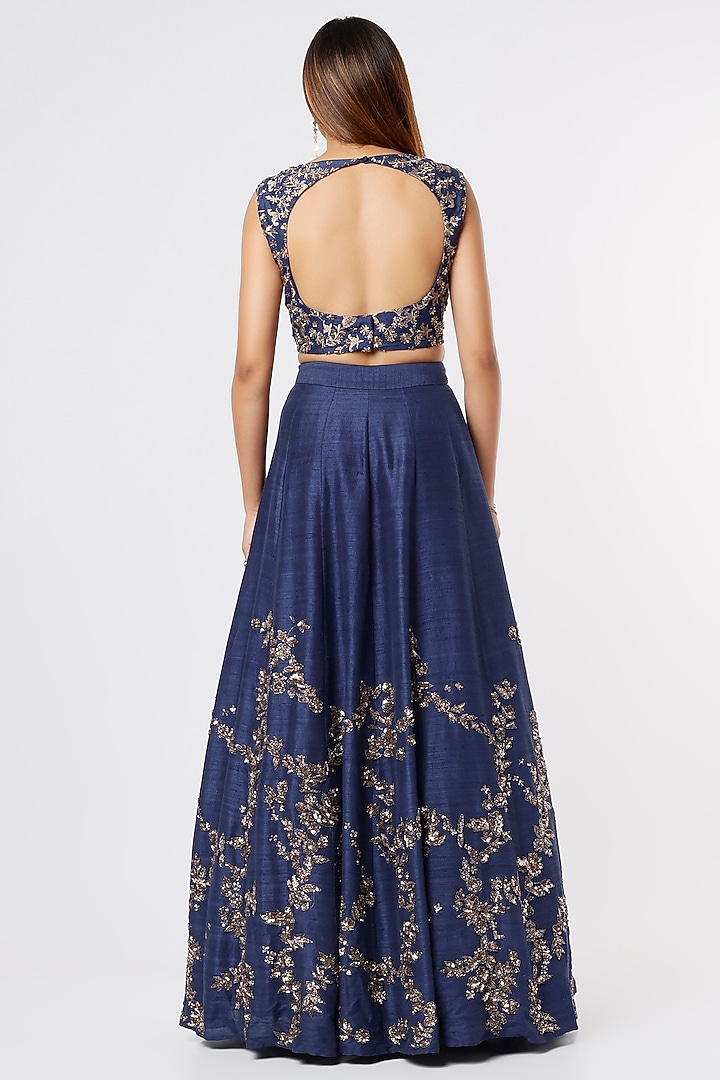 Navy Blue Georgette & Silk Jaal Embroidered Bridal Lehenga Set by Astha Narang at Pernia's Pop Up Shop