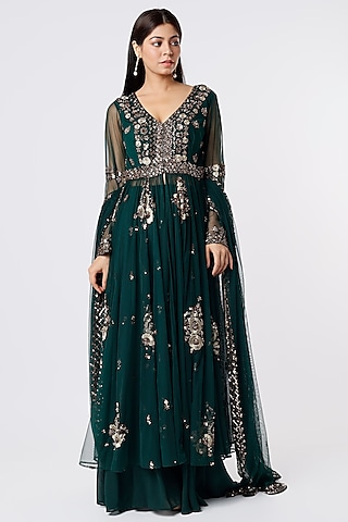 Bottle Green Sequins Embroidered Jacket Set by Astha Narang