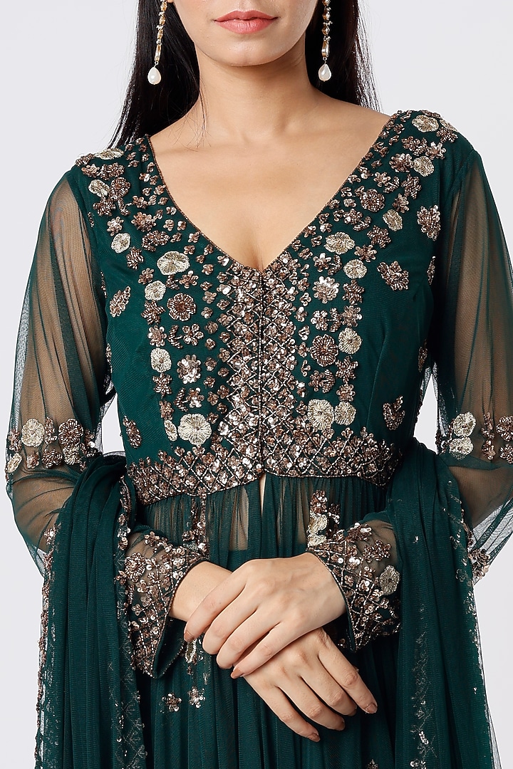 Bottle Green Sequins Embroidered Jacket Set by Astha Narang at Pernia's Pop Up Shop