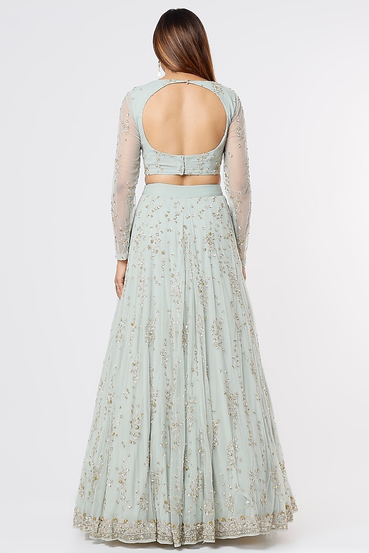 Sky Blue Net & Crepe Sequins Embroidered Wedding Lehenga Set by Astha Narang at Pernia's Pop Up Shop