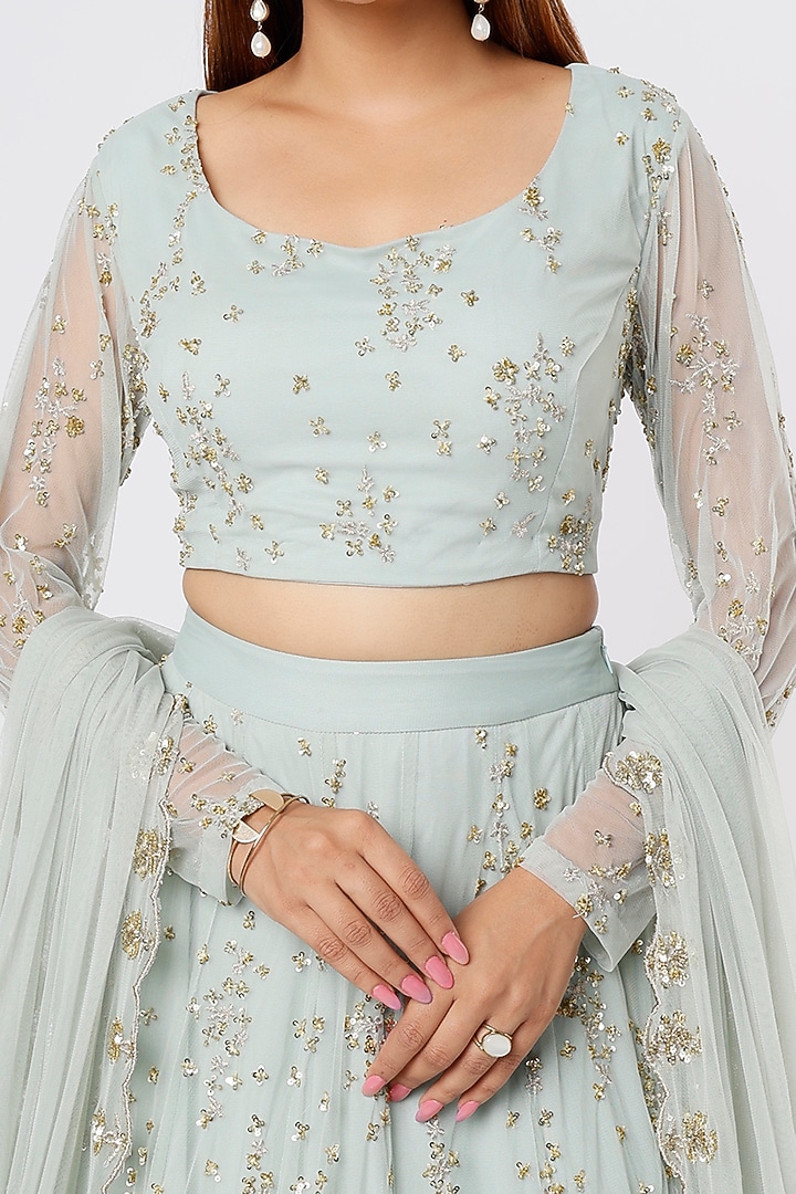 Sky Blue Net & Crepe Sequins Embroidered Wedding Lehenga Set by Astha Narang at Pernia's Pop Up Shop