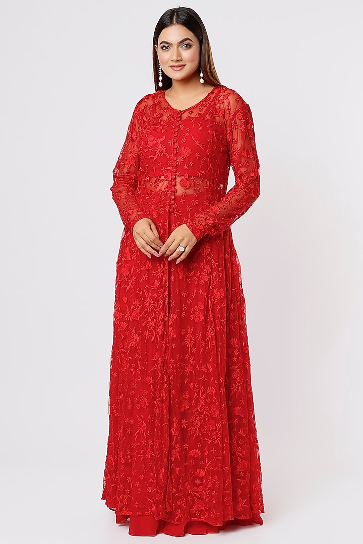 Red Net Embroidered Jacket Set by Astha Narang