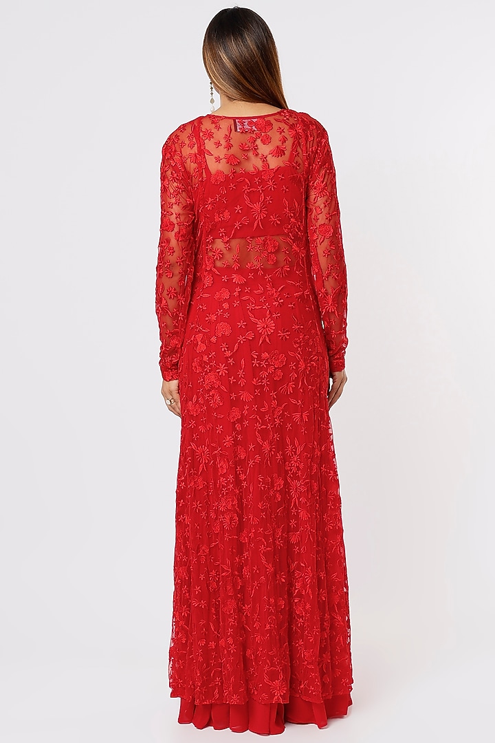 Red Net Embroidered Jacket Set by Astha Narang at Pernia's Pop Up Shop
