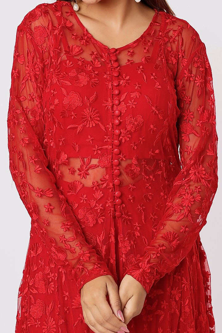 Red Net Embroidered Jacket Set by Astha Narang at Pernia's Pop Up Shop
