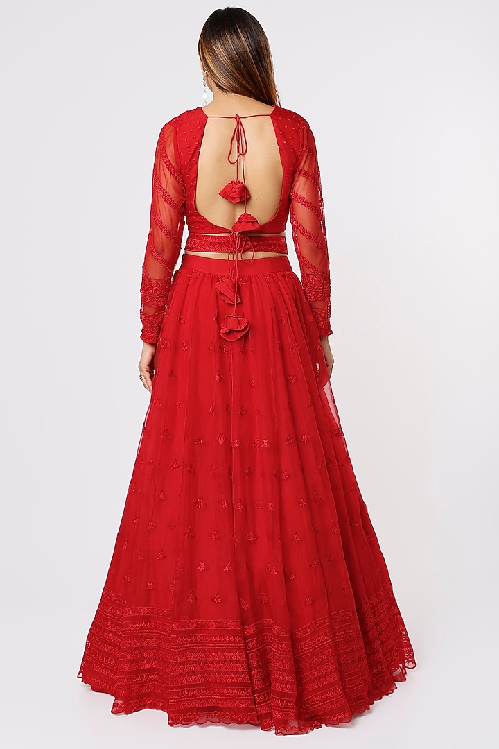 Red Organza & Crepe Thread Embroidered Wedding Lehenga Set by Astha Narang at Pernia's Pop Up Shop