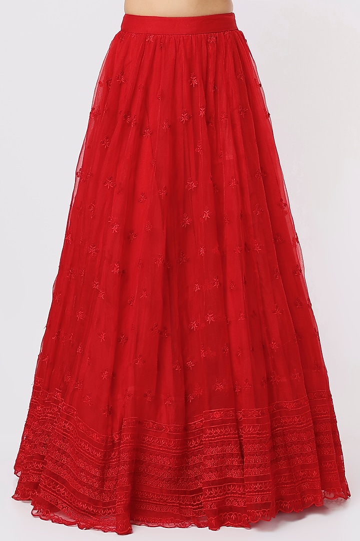Red Organza & Crepe Thread Embroidered Wedding Lehenga Set by Astha Narang at Pernia's Pop Up Shop